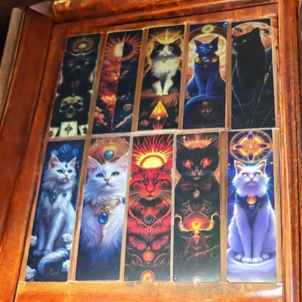 10pc Mystical Cat Tarot Bookmark Set Gothic Celestial White Cat Reading Markers
